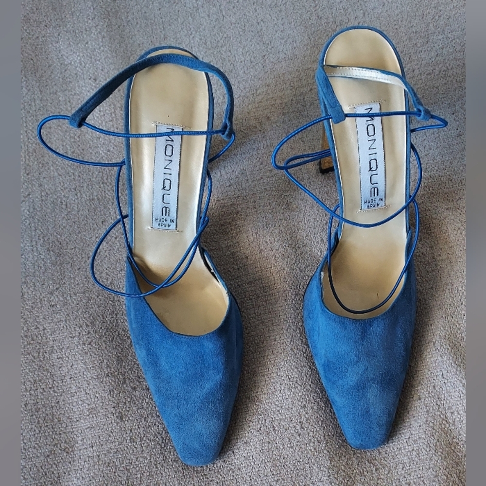 MONIQUE Made In Spain Narrow Suede Blue Ankle Straps Heels Sz-9.5